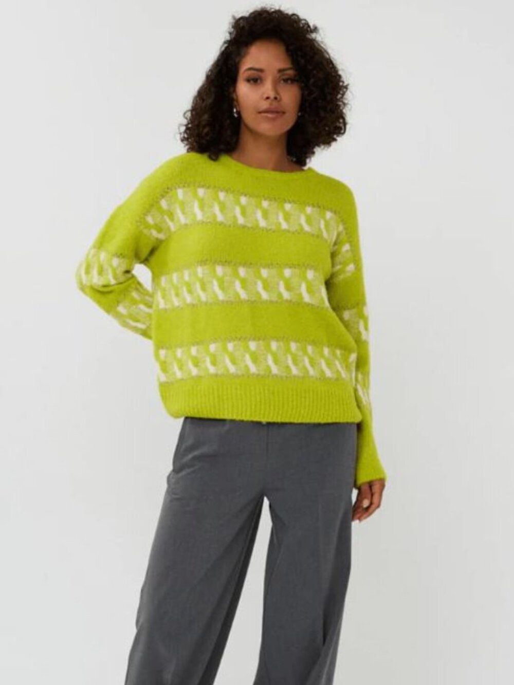 ESQUALO Neon Lime and White Open-Knit Crewneck Sweater size XS/S